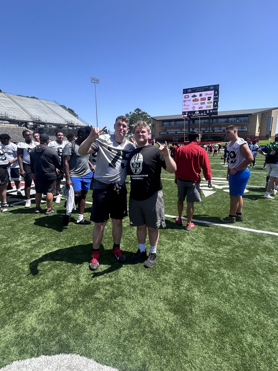 PoeBrady74's tweet photo. Very grateful for the invite to the @AStateFB Pack Day and Spring Game! Excited to see the offseason work pay off on the field. Also thankful to be invited back to the A-State Big Man Camp — looking forward to working with @CoachNickGrimes and @TylerMontgomer1 this summer! 💪
#WolvesUp🐺 
@CoachButchJones @AStateFB_Rec @CabotFB @LanceClark3 @hunterjackson51 @CoachGibson96 @PrepRedzoneAR @youareathlete @sixstarfootball @CSAPrepStar