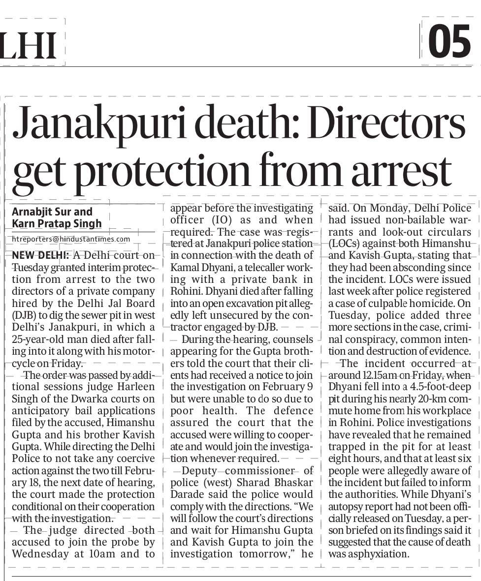 aarnobs's tweet image. #Janakpuripitdeath: #Directors of Delhi Jal Board project get #interim relief from arrest. Police claim they were among the six people aware of the mishap and chose to flee instead of informing police. @htTweets