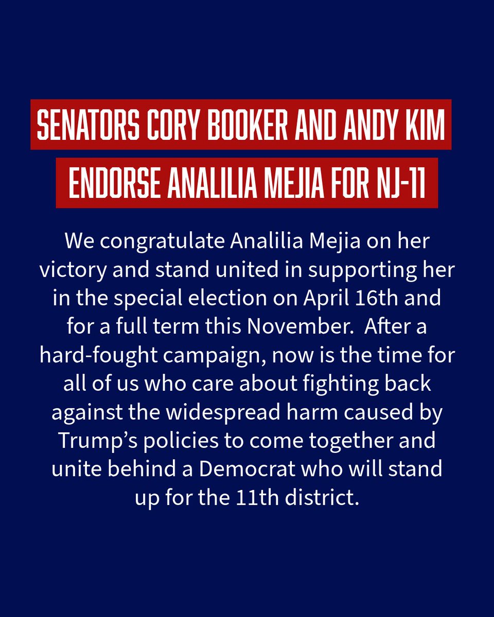 CoryBooker's tweet image. My statement out tonight with @AndyKimNJ endorsing @AnaliliaForNJ.