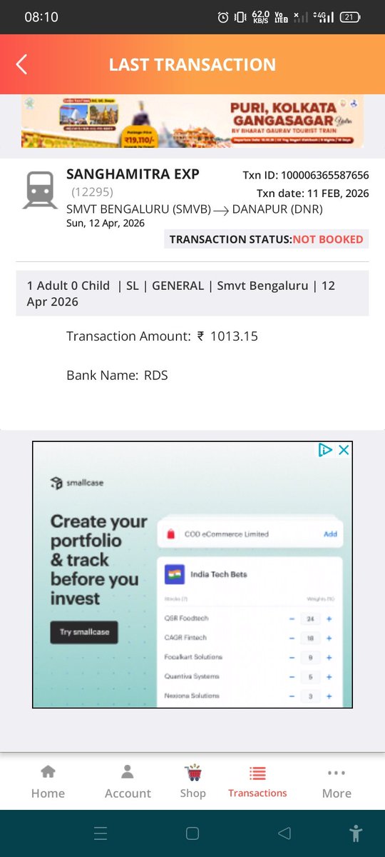 om100prakash's tweet photo. @RailwaySeva 
What is the issue transaction is settled but ticket not booked.

Payment is also deducted from my account. https://t.co/IyFKKtsIj7