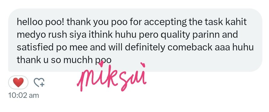 acadsbymiksui's tweet photo. ꒰ #miksuivouches ꒱

thank you to my client for the positive feedback. your trust in miku’s knowledge and skills means a lot. i’m grateful for the opportunity to handle your project and deliver work that meets your expectations. 🤍 https://t.co/t6RLo77cVp