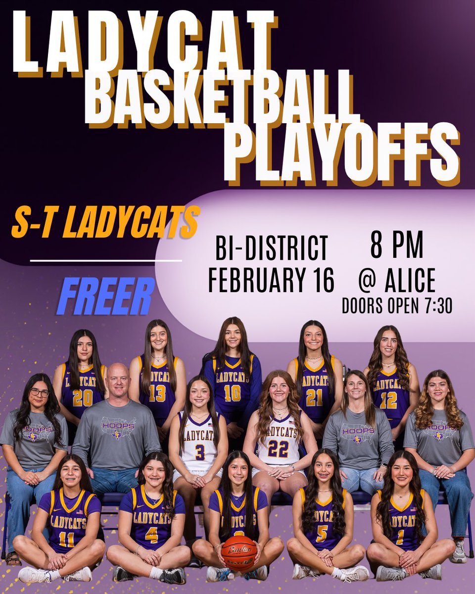 🚨PLAYOFF INFORMATION🚨

🏀Skidmore-Tynan LadyCats🏀

🆚  Freer

⏰ 8:00

🚪 Doors open at 7:30

📅 Monday, February 16

📍Alice High School

GOOD