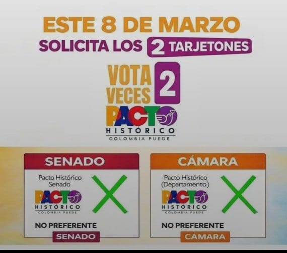 Este 8 de marzo, simplemente pide tu tarjetón para el Senado y la Cámara por el <a href="/PactoCol/">Pacto Histórico Oficial</a>  y marca una X en el logo. 
Así #VamosASeguirnos #PetroLiderMundial #8marzo
