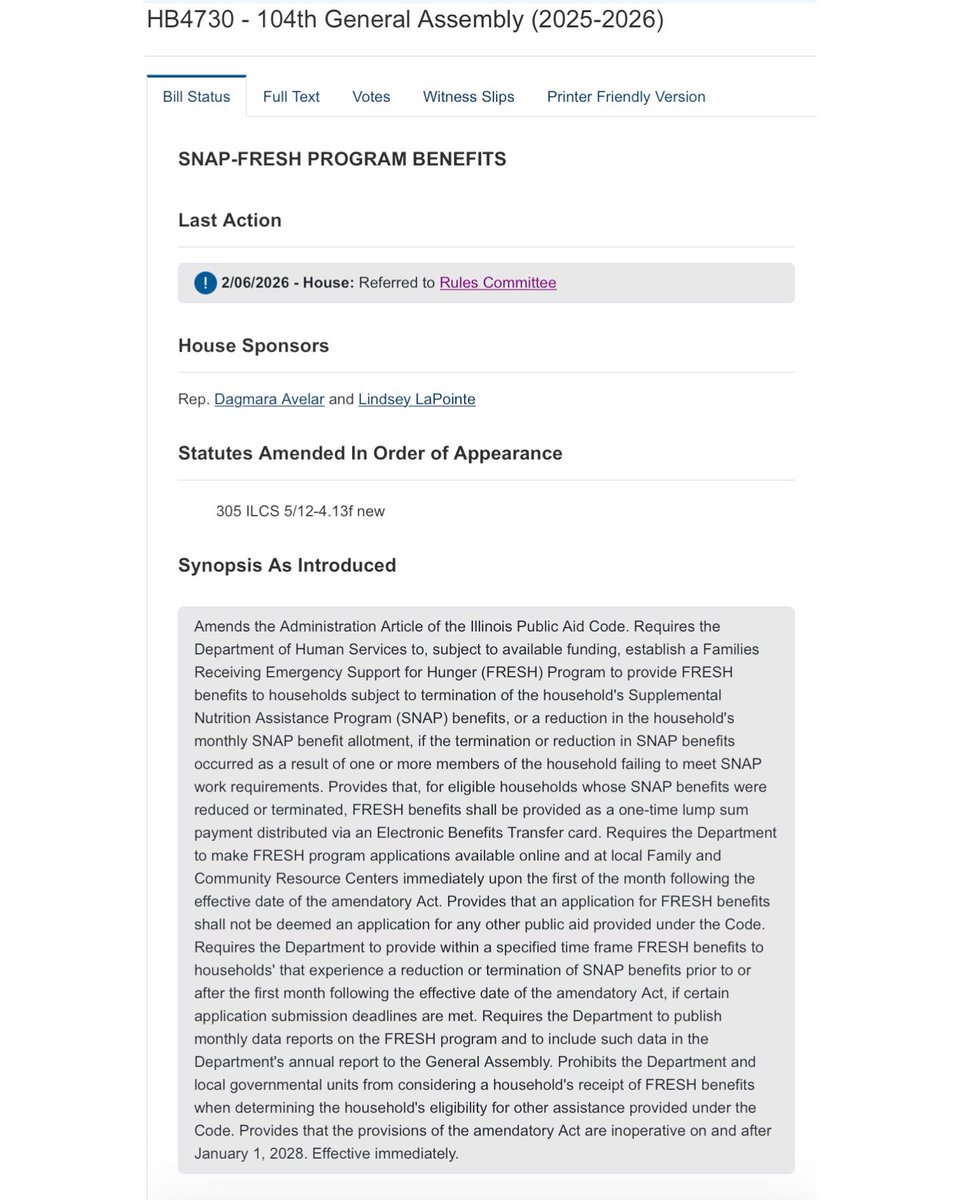 IlliniJen's tweet image. Not federally eligible for SNAP? Illinois has you covered.

HB4730 is advancing in the Illinois House. It would create FRESH, a state program sending one-time cash payments to households that lose SNAP under federal work requirements.

SNAP reduced?
The state pays three times the…