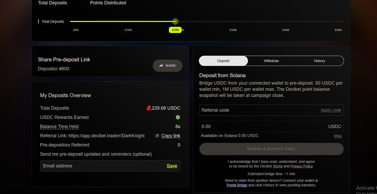 darkthgink's tweet photo. @DecibelTrade  Pre-Deposits Are Open

>> Why Pre-Deposits Matter ?
Pre-Deposits determine who gets early access to trading and liquidity (LP) opportunities when Decibel launches on Mainnet. They help bootstrap initial liquidity, build the Decibel Liquidity Pool (DLP) foundation, and reward users who commit early — not last-minute capital.

>> How It Works

users deposit USDC before Mainnet and earn a time-weighted deposit Score earlier and longer deposits carry more weight than larger late ones.

>> Campaign details:

Feb 10–24

Asset: USDC

$50 min — $1,000,000 max per wallet

No total cap
Withdraw anytime, but early withdrawal forfeits points
Funds move to DLP or trading balance at launch
Benefits
Season 0 Decibel Points
USDC rewards eligibility
Priority Mainnet Beta access
Early DLP allocation
Bottom line:
Pre-Deposits reward early conviction and set the liquidity and participation base for Decibel’s Mainnet launch.
P/s : Pls use my referal if u love my sharing , ILY guys
https://t.co/x1UbpYzzLH