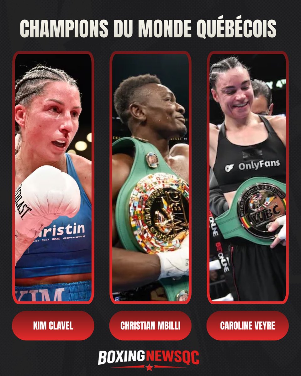 ⚜️Le Québec a maintenant trois champions du monde⬇️

1-Christian Mbilli, champion WBC des super-moyens 🔰

2-Kim Clavel, championne IBF des poids pailles🏆

3-Caroline Veyre, championne WBC des super-plumes🔰

#BoxeQuebecoise | #BoxingNewsQC