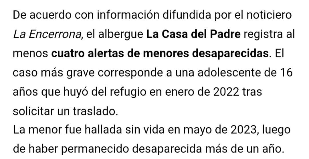 4 menores fueron registradas como desaparecidas en el albergue "La casa del Padre" de la Congresista Milagros Jauregui. Una de ellas escapó debido al trato que sufría allí y luego fue hallada sin vida. El paradero de las otras 3 menores aún es incierto.