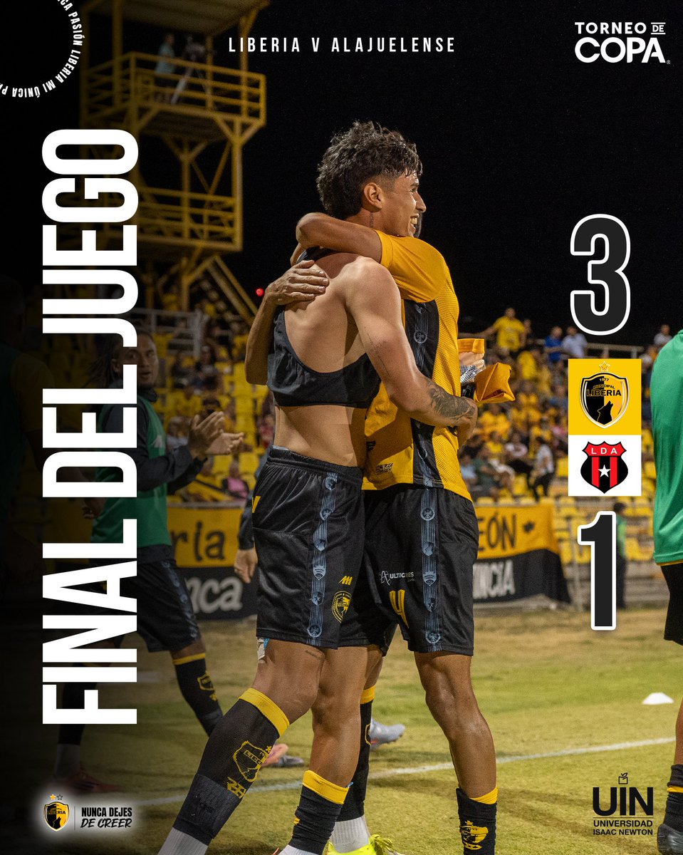 ⏰ | ¡FINAAAAAAL! QUÉ NOCHEEEE AURINEGROS 😮‍💨 

A Semifinales del Torneo de Copa 🔥🔥🔥

Municipal Liberia 3️⃣-1️⃣ Alajuelense 
⚽ Alonso Hernández - Christian Reyes - Fernando Lesme 

¡Gran trabajo de todo nuestro equipo, entrega y garra en la cancha! 💪🏼

#LiberiaMiÚnicaPasión 💛🖤