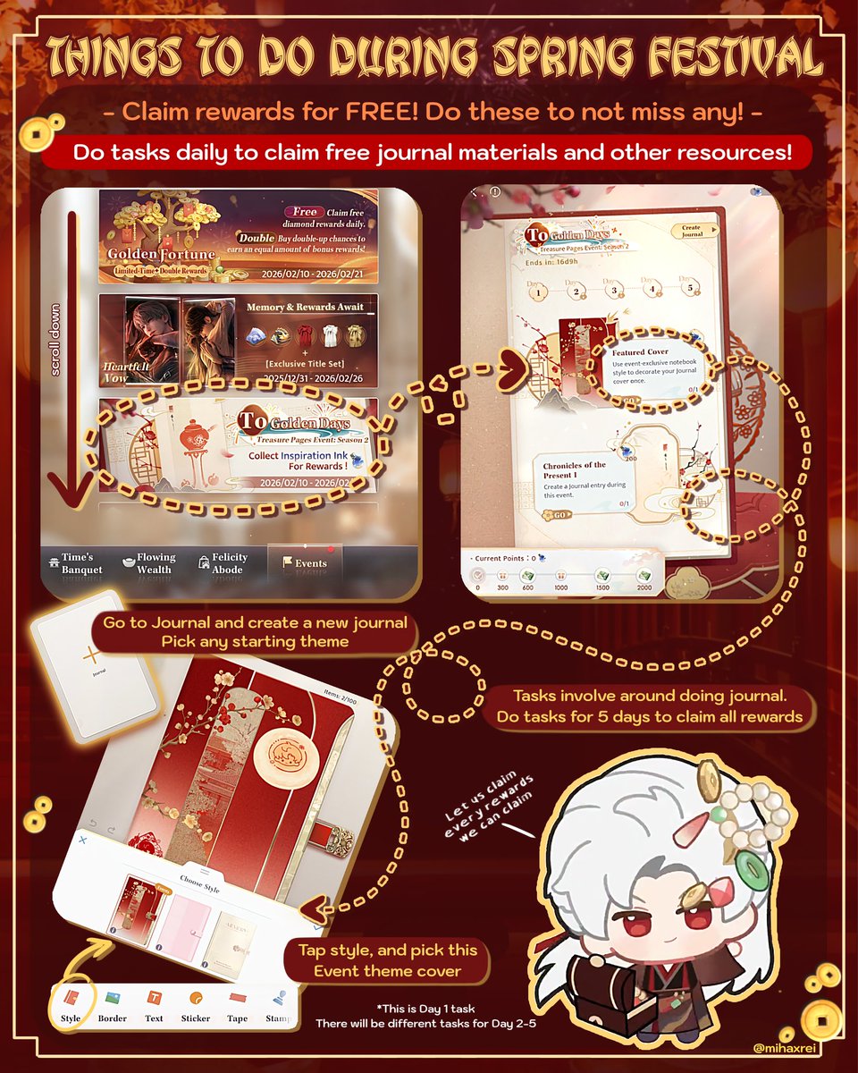 ㊗️ Spring Festival Daily Tasks ㊗️
- Tasks apart from event minigame -

▶︎ Golden Fortune: Diamonds
▶︎ Flowing Wealth: Abundant rewards 
▶︎ To Golden Days: Free Journal

Let us claim all available rewards!

#LADSguides #LoveandDeepspace #MortalitysTenderness #恋と深空