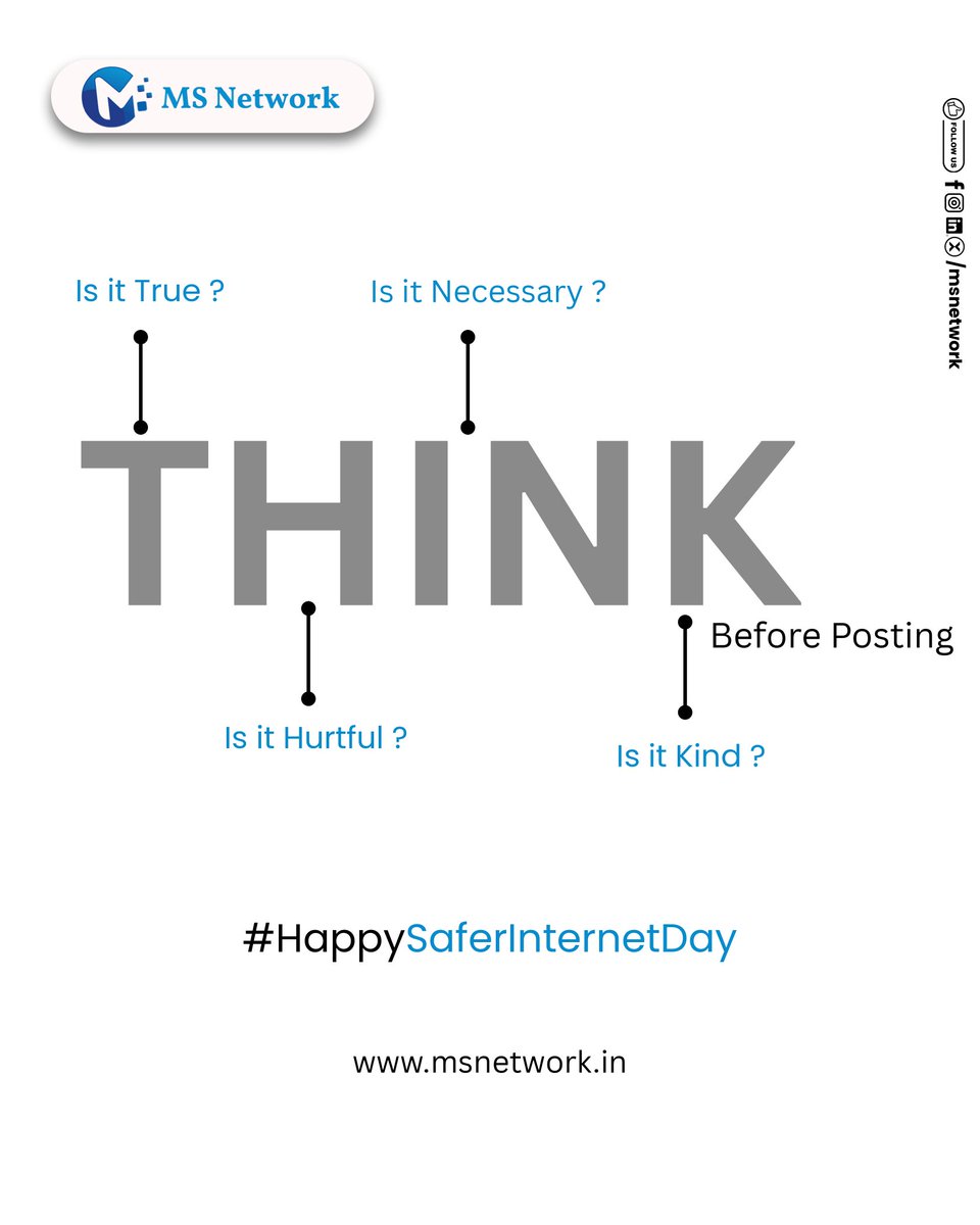 MSNETWORK25's tweet photo. Think before you post.
Because once it’s online, it’s forever. 🌐

This Safer Internet Day, let’s create responsibly, share consciously, and protect our digital footprint.

#SaferInternetDay #ThinkBeforeYouPost #DigitalResponsibility #PRAgency #SocialMediaMarketing https://t.co/jR3Tp6H1UY