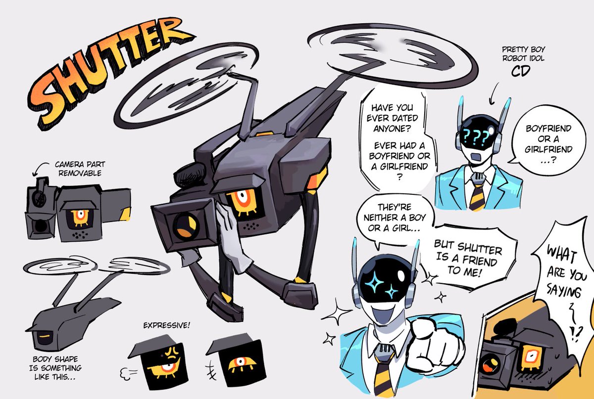m0pan_'s tweet photo. Posting my robot setting OCs…

The name is Shutter, one half of a robot star duo. CD is the other one!

CD is the one most people consider the ‘actual idol’ while Shutter is his cameraperson. However, CD insists they’re a duo… 📸💿 https://t.co/vKZnNggdEM