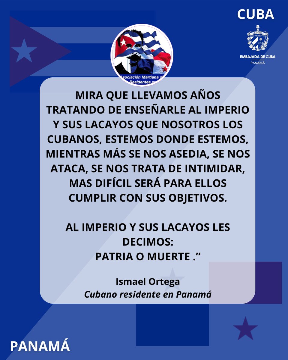 🇨🇺 | La Patria abraza con orgullo a los hijos que la defienden y obran por su bienestar.

Coincido con las palabras de Liliana e Ismael, cubanos residentes en #Panamá🇵🇦: #Cuba nunca se ha rendido, no se rinde, ni se rendirá jamás.

Somos de Patria o Muerte. 

#CubaVencerá