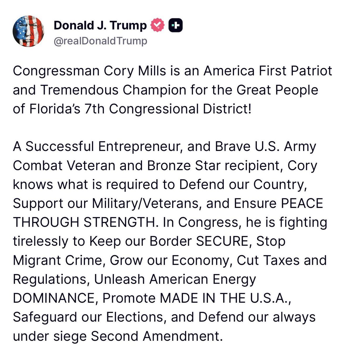 LMAO—Trump just endorsed freakshow Cory Mills who:

-Severely beat a young girl in his DC apartment until she was “covered in bruises” according to DC police, before paying the girl money not to press charges (2025)

-fabricated his entire “military record” committing felony
