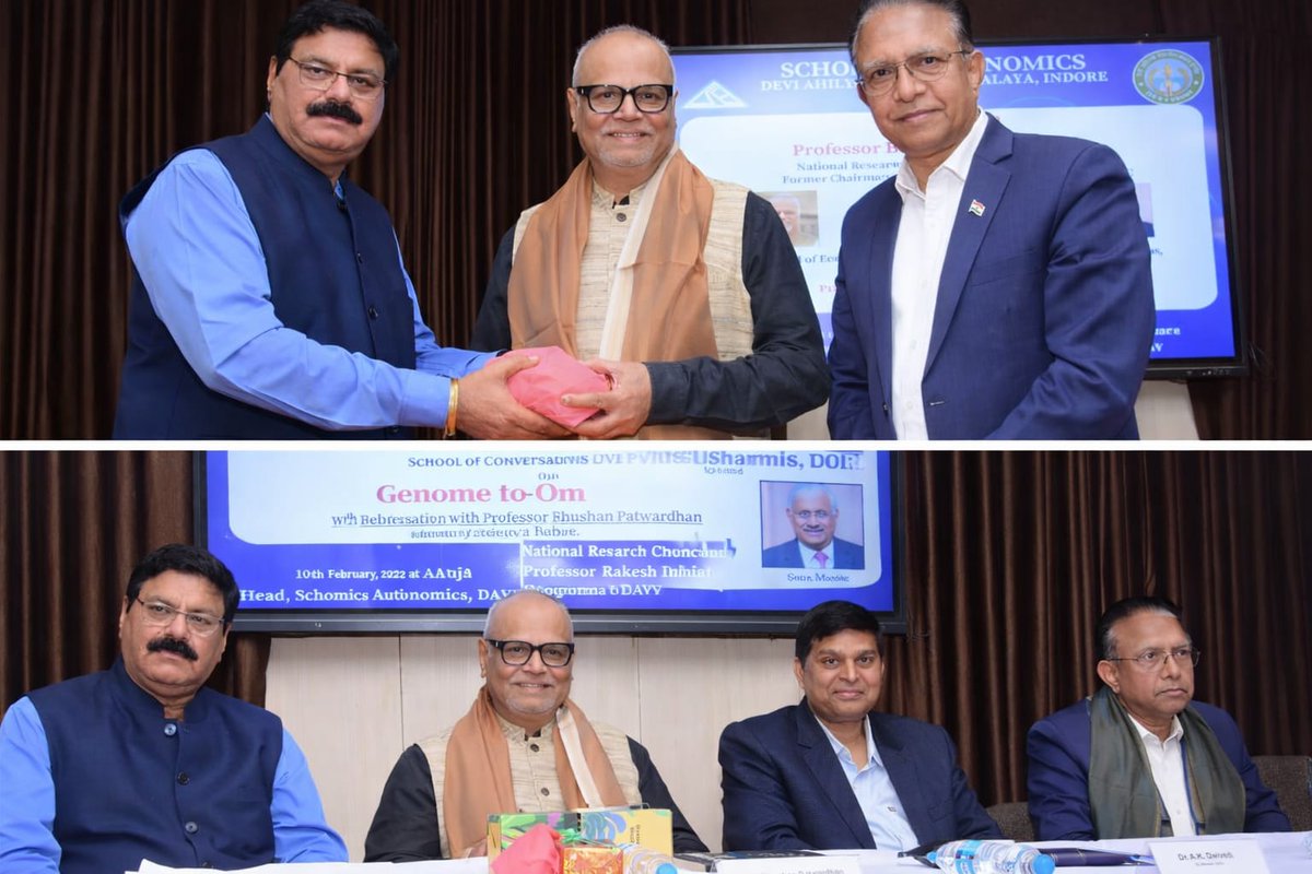 DAVVUNIVERSITY's tweet photo. A memorable afternoon of ideas and inspiration on 10th February 2026!The School of Economics, DAVV, Indore had the honor of hosting Professor Bhushan Patwardhan for a thought-provoking conversation on “Genome to Om. https://t.co/wkjjocA1I7