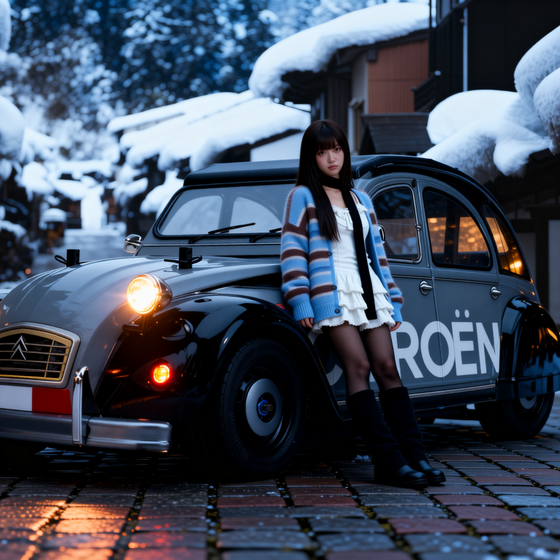 jason9394's tweet photo. Snow village, cardigan season and a French tin snail on night shift. ❄️✨#Citroen2CV #SnowDay #WinterSpec #NightSnow #FrenchIcon #ColdStart #CarCulture #SkiTripVibes #AI #RC #Tamiya #MChassis #M07 https://t.co/7KY1aePQUR