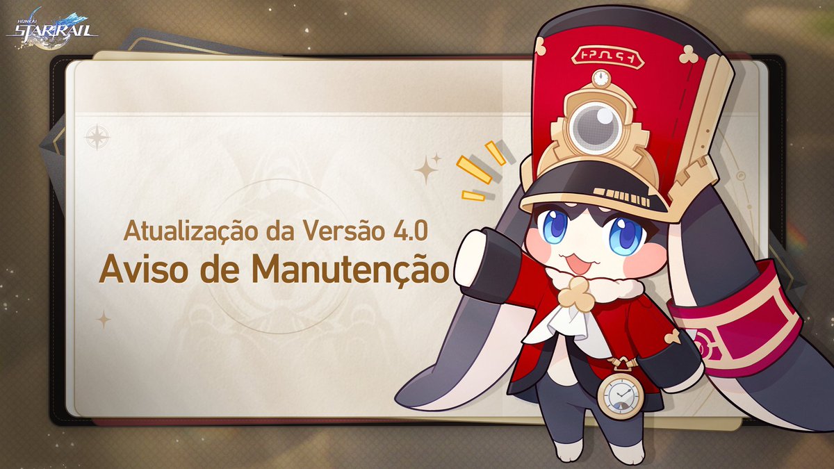 honkaisr_pt's tweet photo. Aviso de Atualização e Manutenção da Versão 4.0

Olá, Desbravadores!
O pré-download da versão 4.0 começará em 12/02/2026 03:00 (Horário de Brasília). Os Desbravadores poderão baixar parte dos recursos antecipadamente e entrar no jogo mais rapidamente após a conclusão da manutenção da atualização.
Além disso, a Tripulação do Expresso realizará a manutenção de atualização da versão em 12/02/2026 19:00 (Horário de Brasília). Após a conclusão da manutenção, o jogo será atualizado para a versão 4.0 "Lua Cheia Sem Aha".

Saiba mais: https://t.co/ca6gkQO422

※Baixar Agora:
https://t.co/iQoBXCXgge

#HonkaiStarRail #StarRail