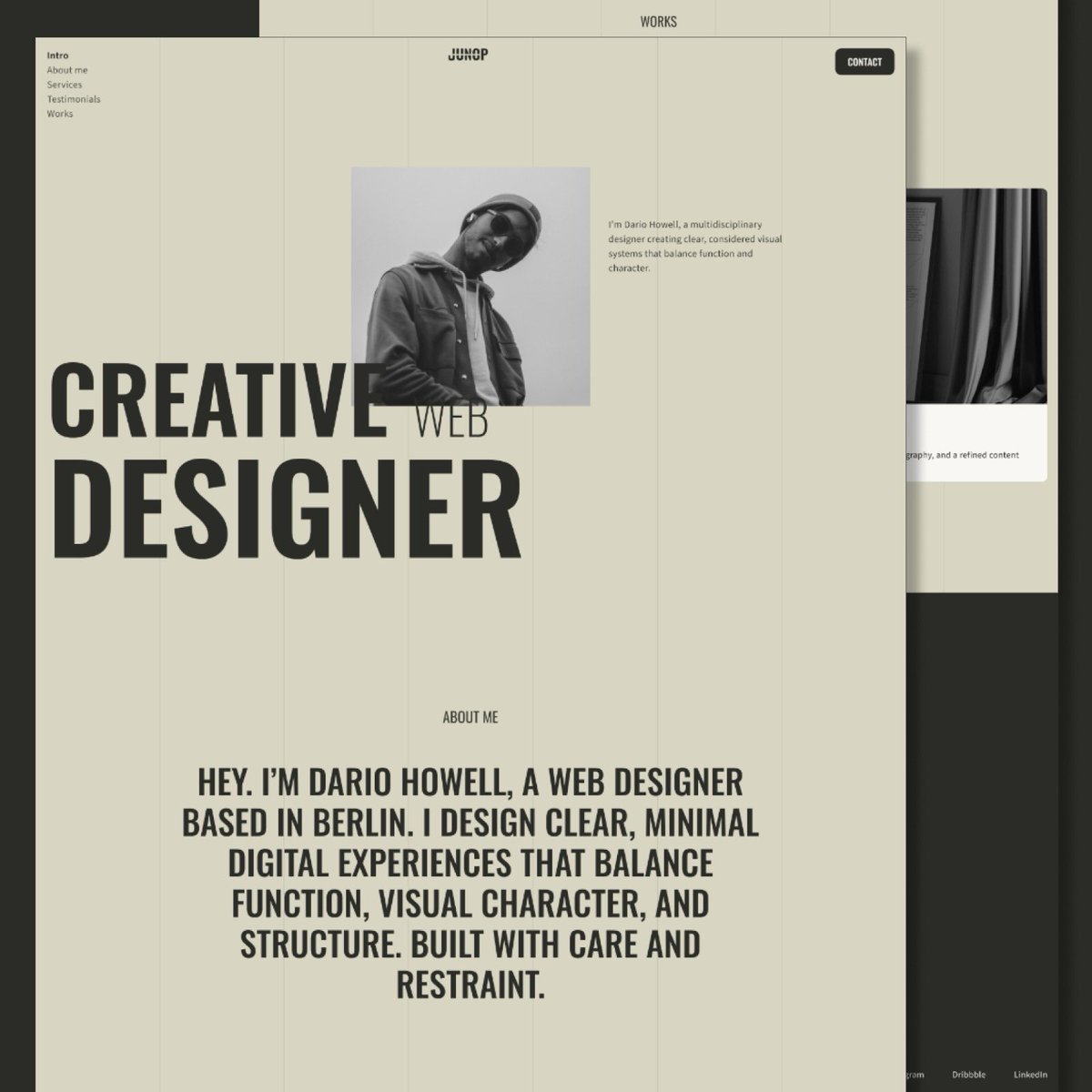 DhaniWebsite's tweet photo. Haven’t posted in a while, but here’s a new portfolio design, Junop, let me know what you think

https://t.co/9A9LvM646o https://t.co/aCdUg43NwE