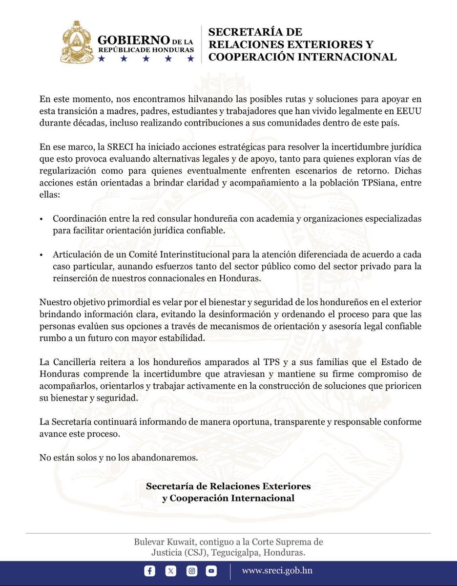 Estado de Honduras activa acciones estratégicas para acompañar y orientar a sus compatriotas con TPS, reafirmando su compromiso de protección, información clara y búsqueda de soluciones responsables…