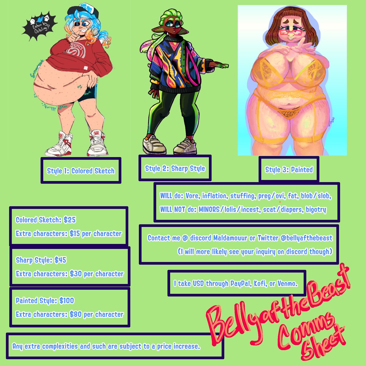 Ok I finally made a new c/omm sheet are yall proud of me 
these are unlimited for the time being until I can get a job again 🙏