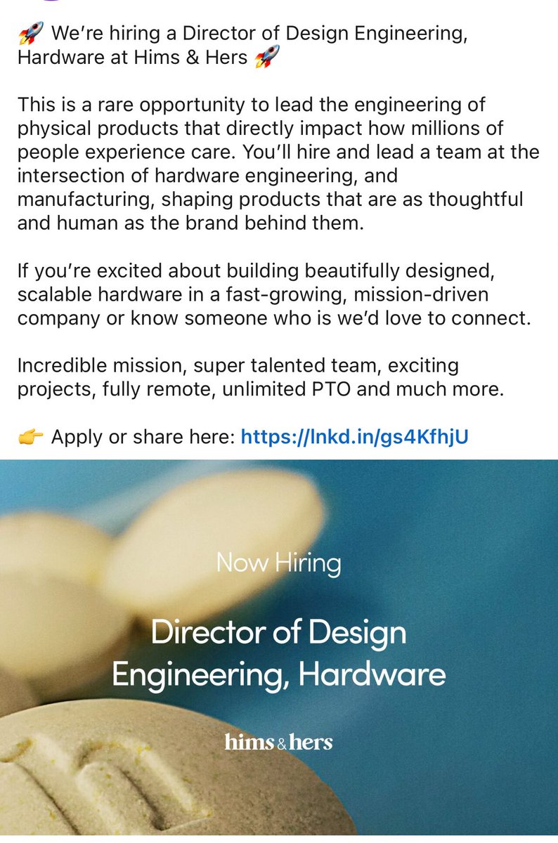 StockStalkk's tweet image. $HIMS

As per the job post 1mo ago and reposted this week, HIMS is hiring a design engineer. 

99% chance based on the job posting that HIMS is building a wearable that will help in Longevity. 

If they announce that HIMS can tap into another TAM of $100Bn.