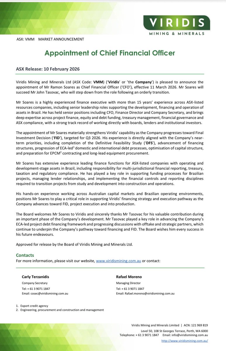 Viridis_VMM's tweet image. Viridis Mining and Minerals $VMM pleased to announce “Appointment of Chief Financial Officer”

ASX Announcement:
wcsecure.weblink.com.au/pdf/VMM/030547…

#Viridis #VMM #Colossus #Project #Brazil #REE #CFO #Appointment
