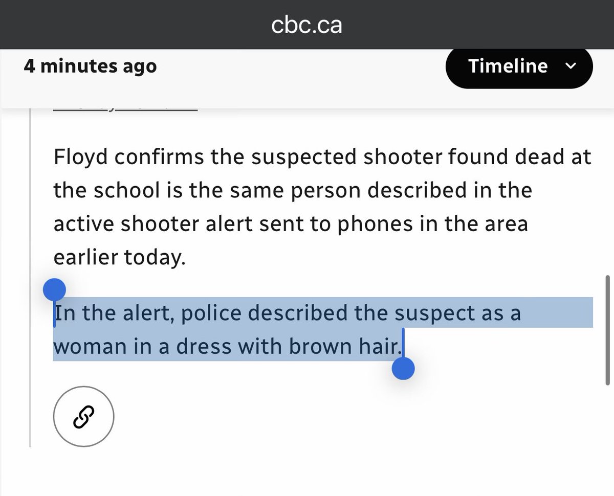 At least seven people are dead following a school sh—ting in British Columbia, Canada.

Police describe the deceased suspect as a “woman in a dress with brown hair.” 

Female school m—ss shooters are exceptionally rare. There have only been a handful ever in the U.S. I haven’t
