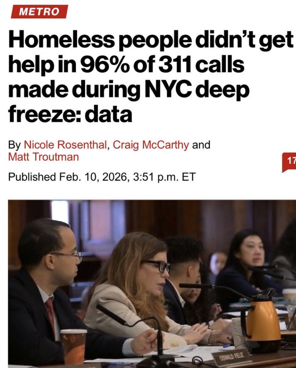 BREAKING: A new report reveals that under Zohran Mamdani, homeless people didn’t receive any help in 96% of 311 calls made during NYC freeze.

18 homeless people have died.