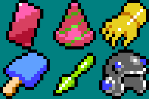 noragames's tweet photo. Red Card, Magical Hat, Power Glove, Lucky Ice Pop, Quick-Grow Extract, Heavy Helmet #pixelart #gamedev #ドット絵 https://t.co/hd1dE6q4Bf