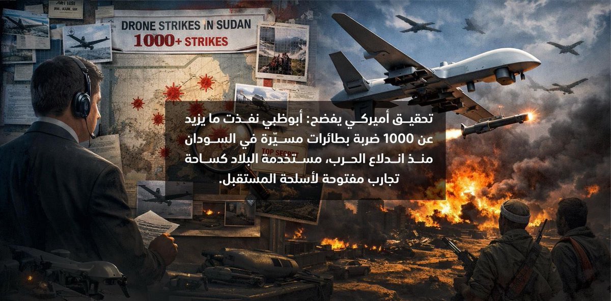 من جرائم ابو ظبي 🚨: 

نفذت " ابو ظبي " اكثر من 1000 ضربة بطائرات مسيرة في السودان.
حيث استغلت اندلاع الحرب هناك لتستخدم بلادهم كساحة لتجارب الاسلحة التي تمتلكها! 

لاحول ولا قوة الا بالله! عن أي تسامح وتعايش وإخاء يتحدثون؟ 
- مجرد بروباغندا يغذون بها الاعلام..