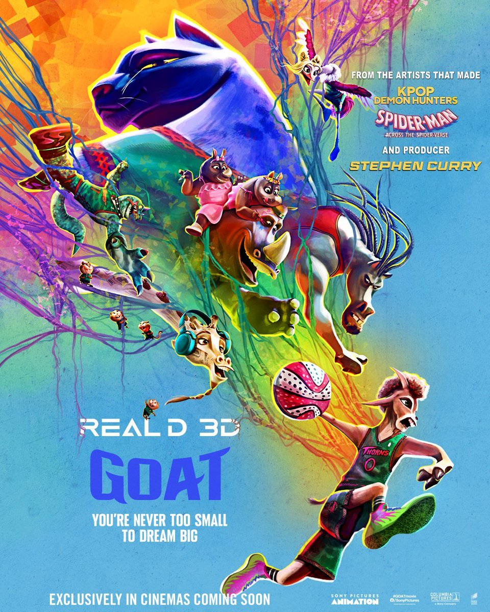 소니 애니메이션 영화 <Goat(고트)> 포맷별 특별관 포스터 추가 3️⃣ 리얼 D 3D (Real D 3D) 큰 꿈을 가진 작은 염소 윌이 프로 로어볼 리그의 프로 팀에 합류하여 고군분투하며 경기를 뛰는 이야기 2026년