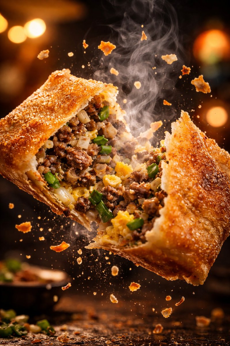 Nano Banana Pro and GPT image 1.5

Prompt:

Macro food photography of a crispy martabak telur tearing open mid-air, thin golden wrapper shattering with a crack, hot filling of minced beef, scallions, and egg bursting outward. Flecks of fried onion and pepper suspended in motion,