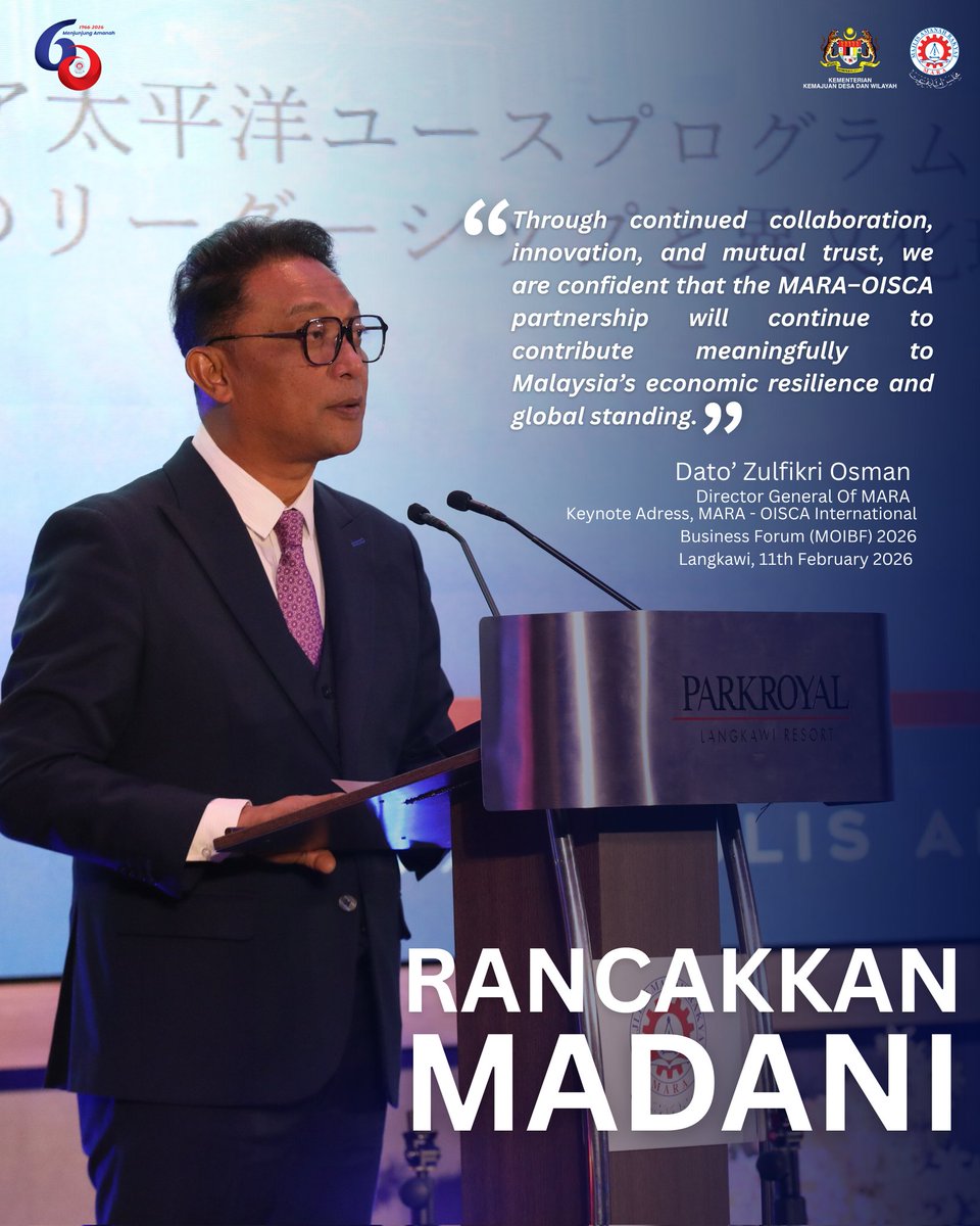 𝗟𝗘𝗡𝗦𝗔 | 𝗠𝗢𝗜𝗕𝗙 𝟮𝟬𝟮𝟲

Ketua Pengarah MARA, Dato’ Zulfikri Osman ketika menyampaikan ucap tama sempena MARA-OISCA International Business Forum (MOIBF) 2026 pada 11 Februari 2026 di PARKROYAL Resort, Langkawi.

#WeAreGenMARA
#MerakyatkanMARA
#HebatkanMARA