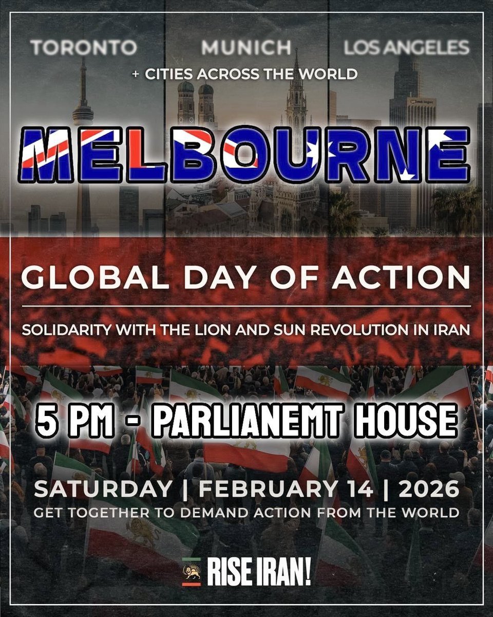 پست ویژه استرالیا 🇦🇺 برای شنبه ۱۴ فوریه ۲۰۲۶

ملبورن

Australia, Melbourne, Saturday, February 14, 2026

#جاویدشاه
#IranRevolution2026
#IranMassacre‌