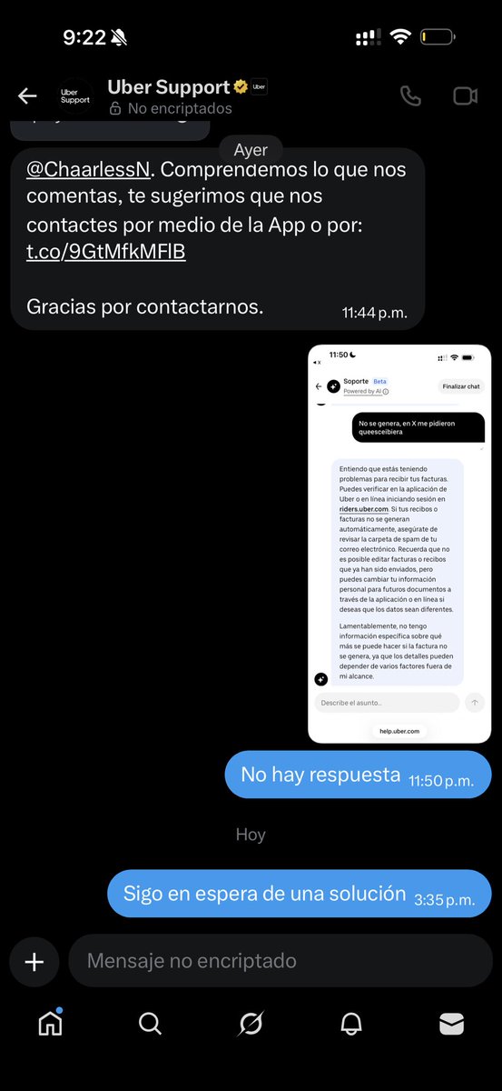 ChaarlessN's tweet photo. Hola @Uber_Support no me han dado respuesta de mi factura. En ningún lado responden. @Profeco el servicio se solicitó desde su opción “Viaje de negocios” y ni así me hacen mi factura https://t.co/WpEMiageZg