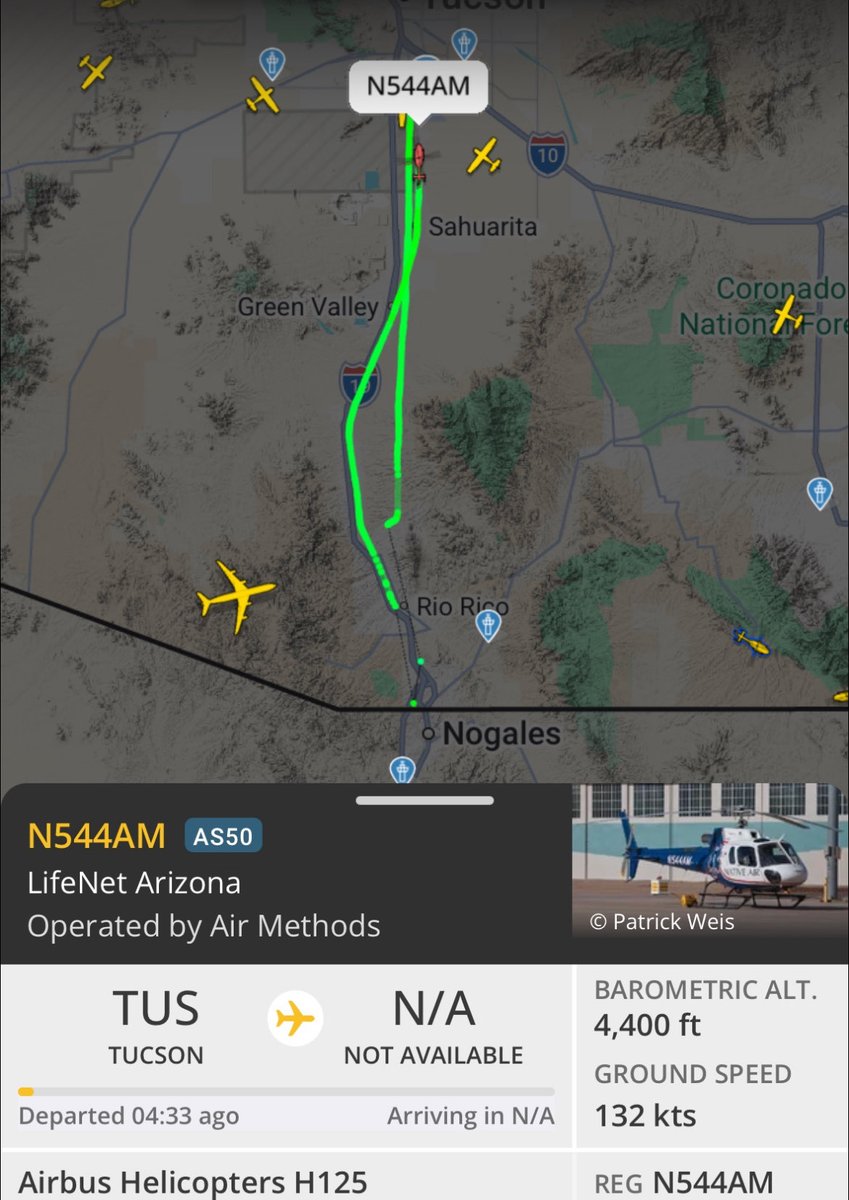 SkolGeek's tweet photo. #NancyGuthrie news: There’s a suspect in custody that was found by the border. Just checked some flight info… looks like there’s a life flight that went from Tucson to the border and headed back. Is that for Nancy Guthrie? https://t.co/9d7VBVb5UI