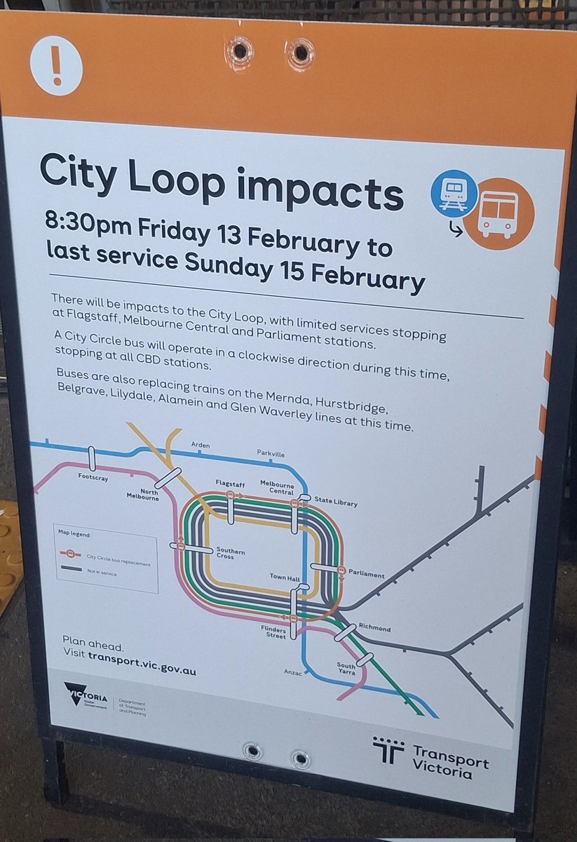 craig_halsall's tweet image. Nice use of network map with line colours + #MetroTunnel services on this poster for upcoming weekend #CityLoop works

However, unclear where to catch replacement buses on affected lines (inculding #Caulfield for daytime #GlenWaverleyLine buses)

#MetroTrains