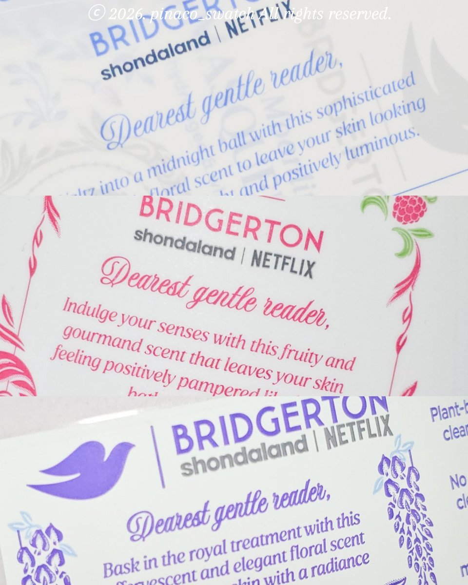 pinaco_swatch's tweet image. 도브×브리저튼 바로 향별로 직구했죠? 
한개씩 써보고 향적어보겠슨. 개인적으로 뷰티바 처돌이라 뷰티바 향별로 다 나오길 바랬는데...
설명서 시작이 dearest gentle reader로 시작되는거 존귀