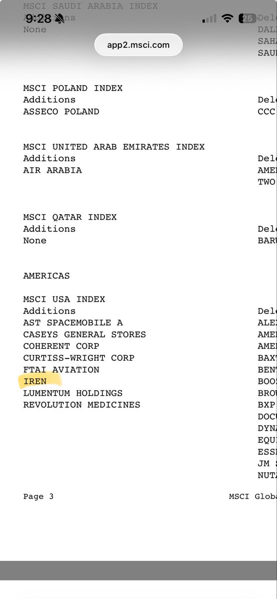 RetardBagFinder's tweet photo. Look who got added to MSCI starting Feb 27. $IREN https://t.co/fuqq2AhmBZ