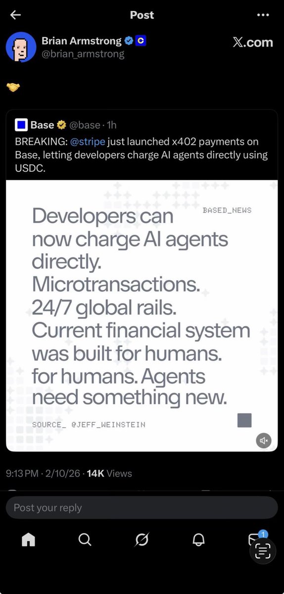 🚨 THIS IS BIG. 🔥

<a href="/brian_armstrong/">Brian Armstrong</a> just posted that <a href="/stripe/">Stripe</a> is launching x402 payments on <a href="/base/">Base</a>.

Let that sink in.

It’s launching on Base.

🤖 AI agents can now pay directly
💵 Using $USDC
⚡ Microtransactions
🌎 24/7 global rails
🔁 Machine-to-machine commerce

This isn’t a