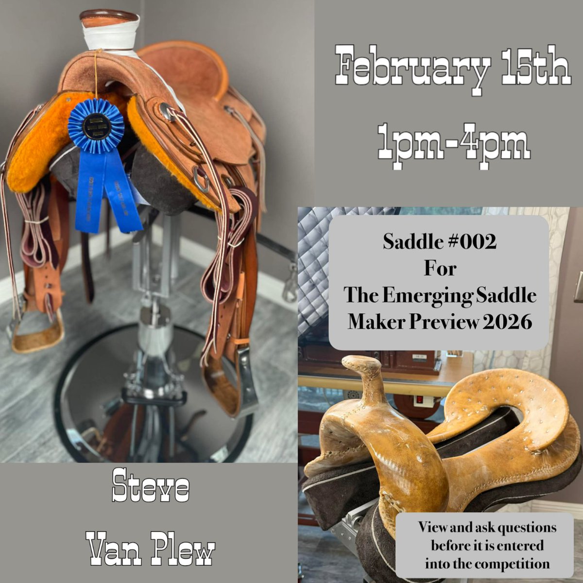 LeatherGuild's tweet photo. Last year you watched Steve Van Plew’s first saddle take 1st Place.
In November, you saw the start of his next build.
Join us for a sneak peek at Steve’s second saddle before it heads to the Prescott Saddlemakers Competition. You won’t want to miss seeing this one up close! https://t.co/MKRqUJDz5T