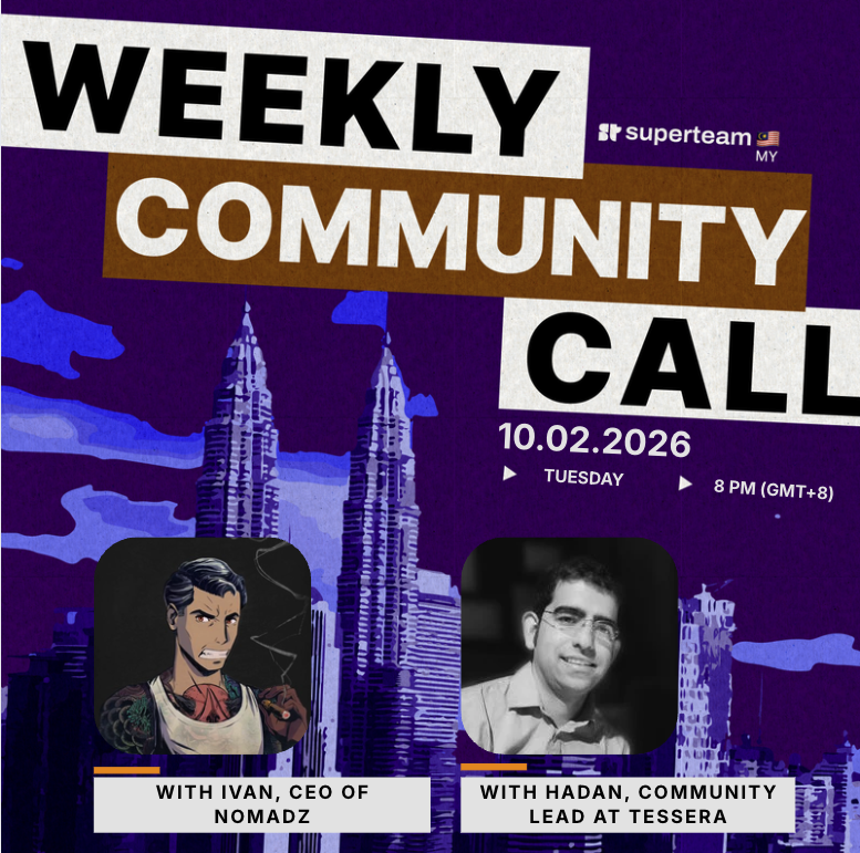 1/ Superteam MY Community Call Recap with <a href="/ivan_nomadz/">Ivan 🧳</a> from <a href="/NOMADZxyz/">Nomadz 🧳</a> and <a href="/DeFiPoet/">Hadan Esperidiao</a> from <a href="/tessera/">TESSERA</a>

Two very different products, and both shipping real infrastructure for the next phase of crypto.

🧳Nomadz, the Crypto-Native Travel Aggregator

Nomadz walked us through:
•⁠