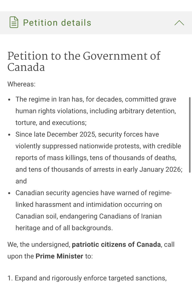 دوستان کانادایی این پتیشن رسمی دولت کاناداست، واقعا خجالت آوره که فقط ۵۵۰۰ نفر امضا کردند، این پتیشن واسه فلج کردن رژیم و وابسته هاش تو کاناداست.
امضاش کنید لطفا، لینک تو کامنت
اگر کانادا نیستین توییت پخش کنید لطفا یا لینکش