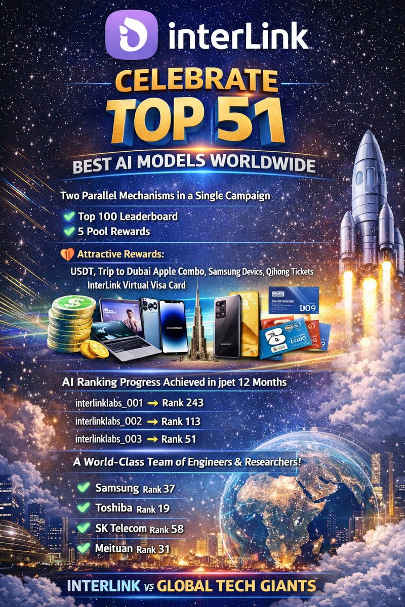 ShaikVra's tweet photo. InterLink Labs has officially entered the Top 51 Best AI Models globally — evaluated under world-class standards.
📈 12-month journey: #243 → #113 → #51
Competing alongside global tech giants. This is not hype. This is performance. 🚀
#InterLink #Top51 #ITLG #ITL https://t.co/JTg1buu0pb
