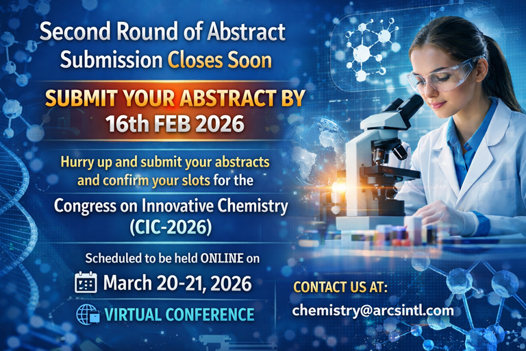 arcsintl's tweet photo. The 2nd Round of Abstract Submission closes on 16 Feb 2026! Present your research at the Congress on Innovative Chemistry (CIC-2026) 🌍
📅 Mar 20–21, 2026 | 💻 Virtual Conference⏳ Limited slots available – submit now!
📧 chemistry@arcsintl.com #CIC2026 #Chemistry https://t.co/VArUdlLkhe
