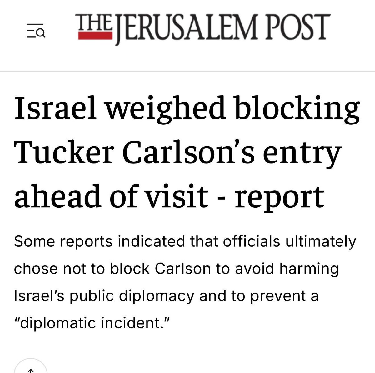 MaxBlumenthal's tweet image. Israel was on the verge of banning one of the most high profile American media personalities, Tucker Carlson, because of his criticism of its genocidal policies, but pulled back because it feared deepening its public relations crisis