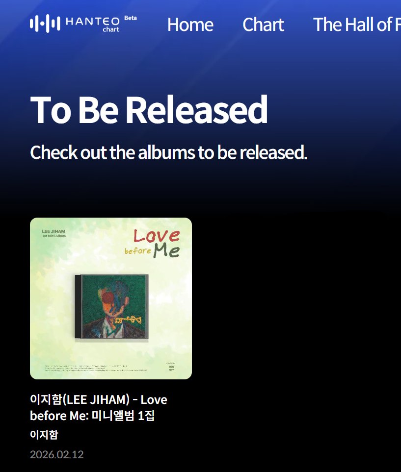 523Archive's tweet photo. Hanteo Chart To Be Released:

이지함(LEE JIHAM) - Love before Me: 미니앨범 1집 https://t.co/Yg0MizY5Gm