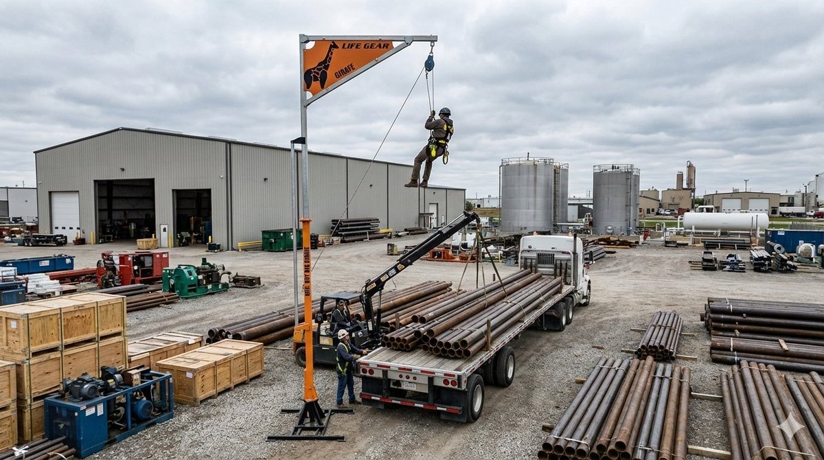 Lifegear4's tweet photo. Introducing Lifegear Out-Rig Girafe - the patented fall protection device that's quick to install on existing concrete, ensuring safe loading and unloading activities. Stay secure and efficient with this innovative solution! #SafetyFirst #Innovation #LoadingUnloading https://t.co/STcBerI3HW