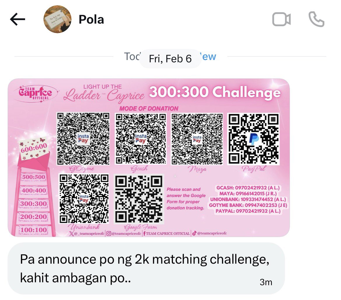 2K MATCHING CHALLENGE from <a href="/curiouspola/">Pola</a> is ongoing 🩷
We still need ₱1,500. Only ₱500 received so far. Let’s complete this ASAP! Every donation counts. Drop your proof below once done. #CapriceCayetano