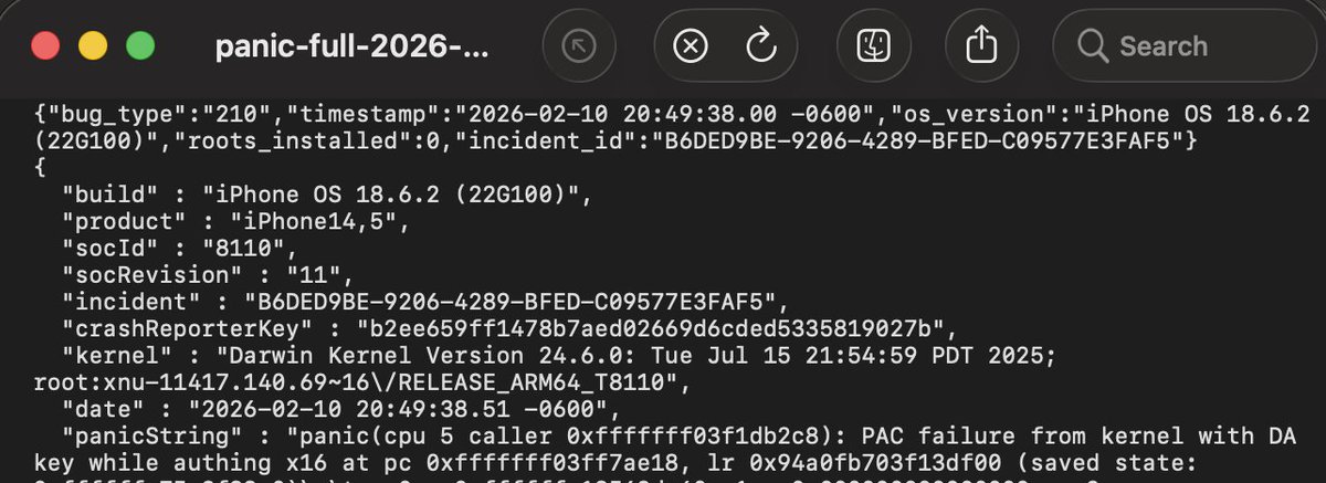 TimmyCraft70242's tweet photo. @0xjohnny Hey uh I submitted an issue on the git, idk if you read it. 
I've tweaked it a bit, also with opus and got a UAF. I also got a PAC fault (working on that now). Your bug affects, so far, down to iOS 18.6.2. So, I am working on getting Dopamine working on iOS 18.6.2 and iOS 26.2.1 https://t.co/PziKSYpe4a