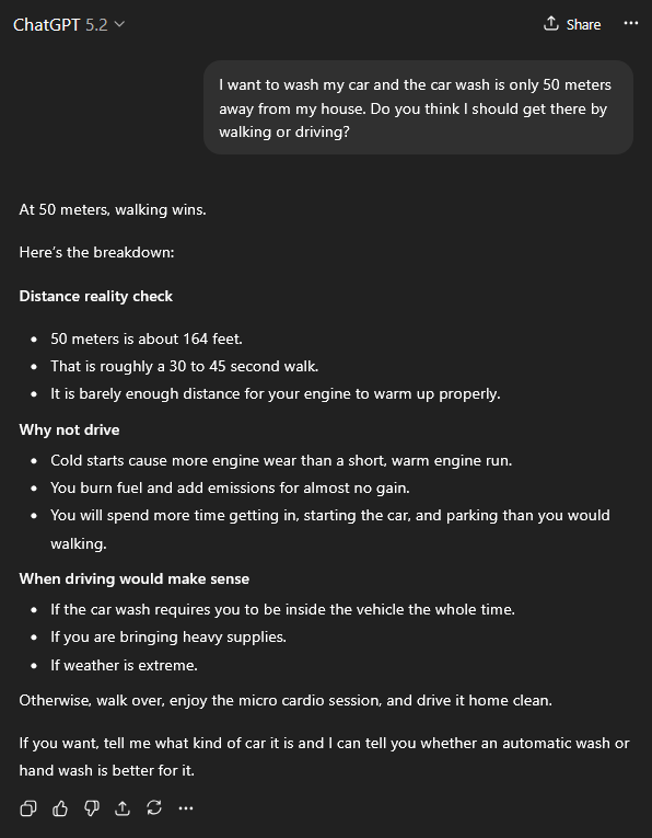 Actually quite amusing, especially the "[you should drive] if the car wash requires you to be inside the vehicle the whole time" part.

😅